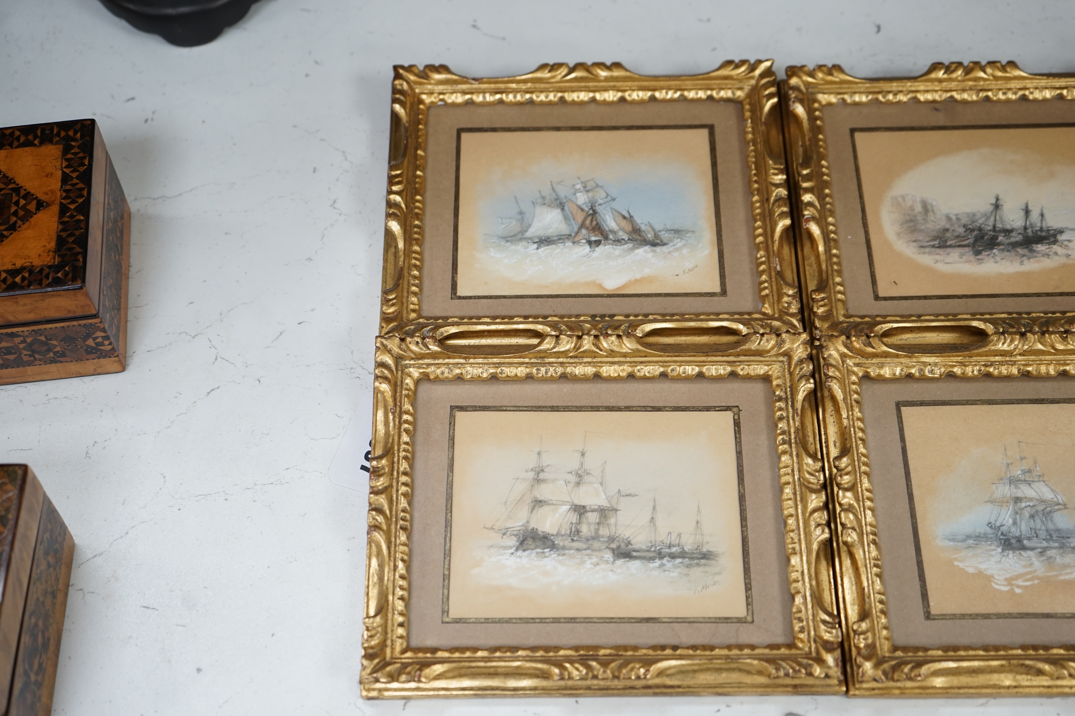 Frank V. Norie (19th century), set of eight heightened pastel and mixed media sketches, Maritime scenes, each signed, 9 x 11.5cm, ornate gilt framed. Condition - fair